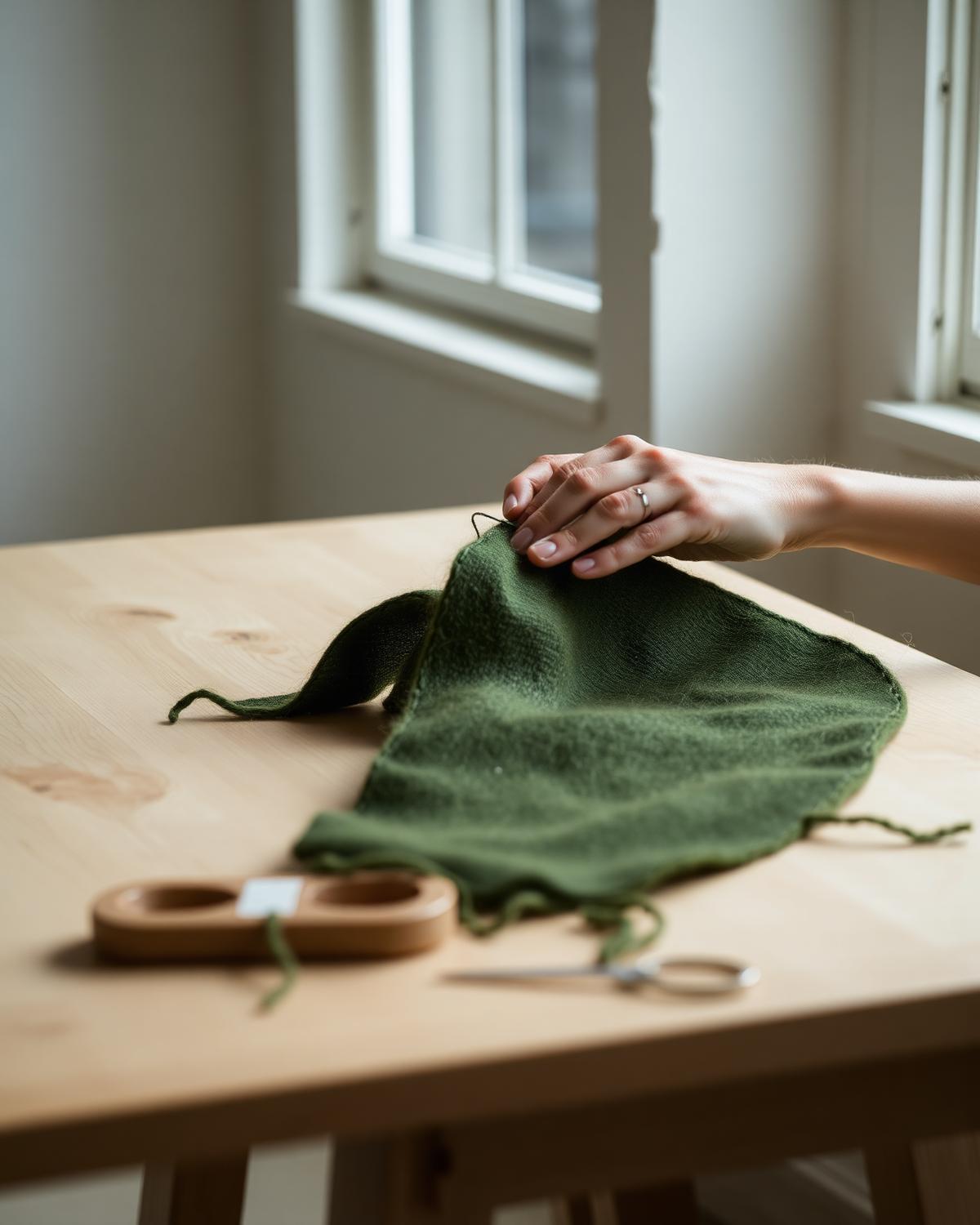 Mãos a trabalhar peça de burel verde